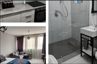 two pictures of a kitchen and a bathroom with a shower at Neat, instaworthy, self-checkin flat in Pretoria in Pretoria
