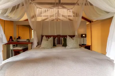a bedroom with a large bed with a canopy at Lion Tree Top Lodge in Guernsey Nature Reserve