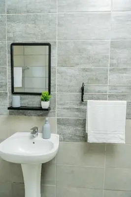 a bathroom with a sink and a mirror at Palm Nest in Kempton Park