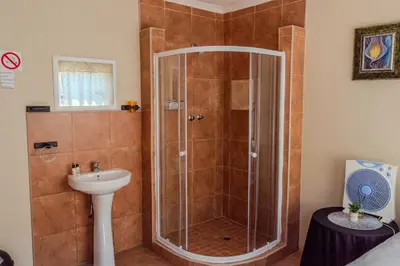 a bathroom with a shower and a sink at 18 Churchill Avenue in Witbank