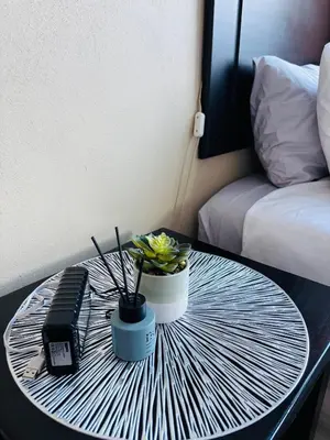 a table with a phone and flowers on top of it at 18 Churchill Avenue in Witbank