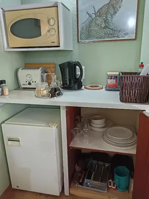 a kitchen with a microwave and a refrigerator at Kifaru - Kruger in Marloth Park