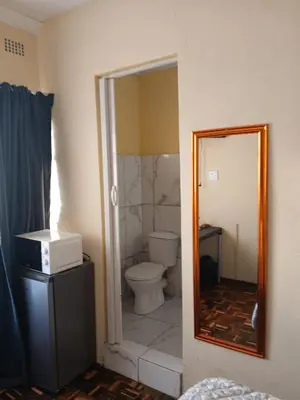a bathroom with a toilet and a mirror at Rest at 54 Gladiator Guesthouse in Kempton Park