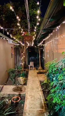 a patio with lights and plants and a building at Micnels B & B in Pretoria