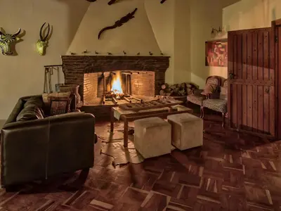 a living room with a fireplace and a couch at Seringa Lodge & Safaris in White River