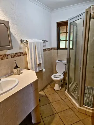 a bathroom with a toilet and a sink and a shower at Kruger Park Lodge 243 in Hazyview