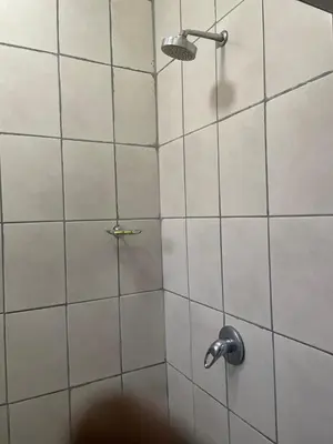 a shower with a glass door with a shower head at Holiday apartment in Kempton Park