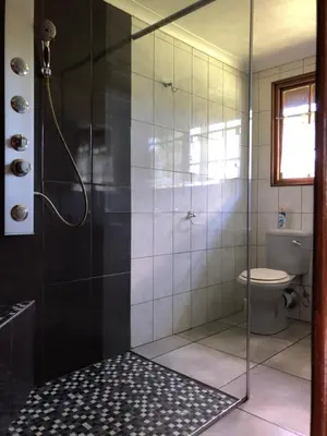 a bathroom with a glass shower with a toilet at Zur Alten Mine in Graskop