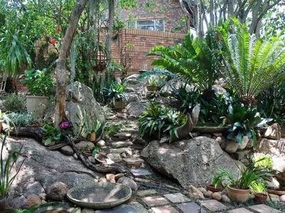 a garden with a bunch of plants and rocks at Willow Inn in Nelspruit