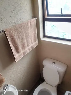 a bathroom with a toilet and a window and a towel at Corporate or Contractors Beautiful Aerorand Apartment in Middelburg
