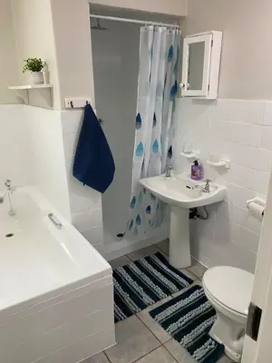a bathroom with a sink and a toilet and a shower at Cozy Garden Flat with Garden in Pretoria