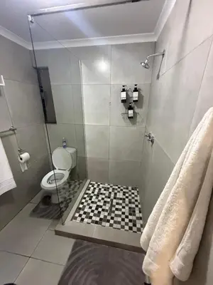 a bathroom with a shower with a toilet at Loft On Grosvenor in Pretoria