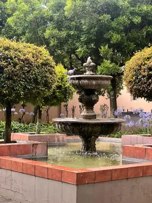 a fountain in a park with trees and flowers at Loft On Grosvenor in Pretoria