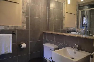 a bathroom with a white toilet and a sink at The Lodge Bethal in Bethal