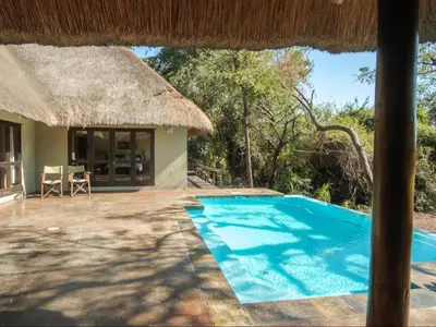 a villa with a swimming pool and a hut at Kokobela Lodge in Phalaborwa