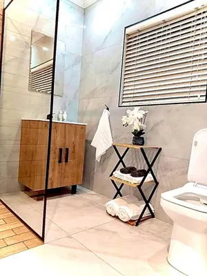 a bathroom with a shower and a toilet at Little Swift 2 in Secunda