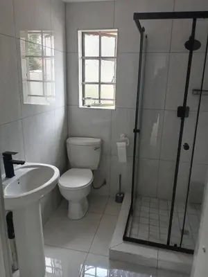 a bathroom with a shower and a toilet and a sink at Crystal Park Guest House in Benoni