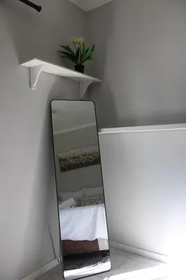 a mirror in a room with a bed and a plant at Blue Orchid in Midrand