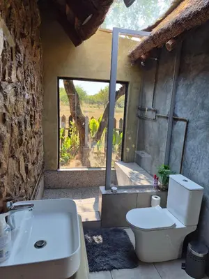 a bathroom with a toilet and a sink and a window at Bentlys Dinokeng in Vosburg