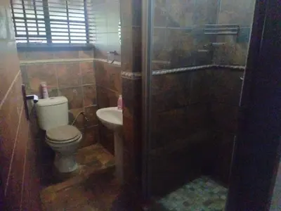 a bathroom with a shower and a toilet and a sink at 2694 Marloth Park Family Villa in Marloth Park