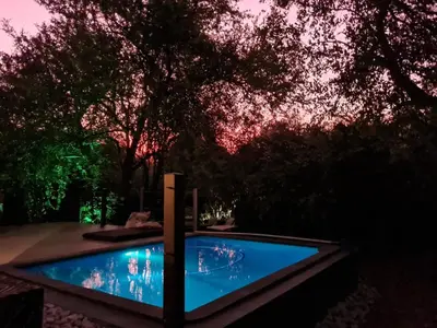 a swimming pool in a yard at night at Croc Orvyll's Kruger Lodge in Marloth Park