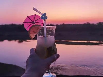 a hand holding a drink with a straw and an umbrella at Croc Orvyll's Kruger Lodge in Marloth Park