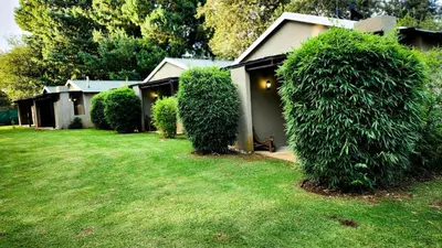 a house with two large bushes in the yard at Stonefly Cottages in Dullstroom