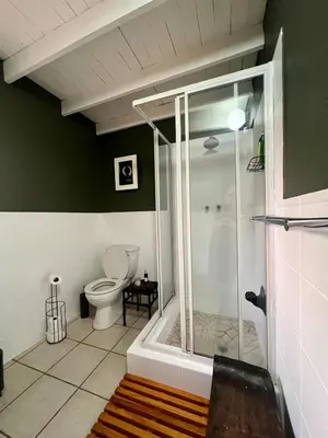 a bathroom with a shower and a toilet at Tranquil Bush Cottage at Kruger in Marloth Park