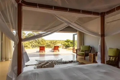 a bedroom with a canopy bed and a patio at Luxury & Wildlife Mlambo Lodge Mjejane in Hectorspruit