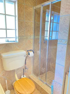 a bathroom with a toilet and a shower at Cosy Room steps from the lake- short term stay in Benoni
