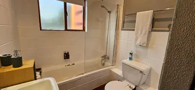 a bathroom with a toilet and a sink and a shower at Acacia at Greenway Woods in White River
