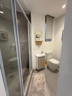 a bathroom with a shower and a toilet and a sink at Nare Penthouse in Pretoria