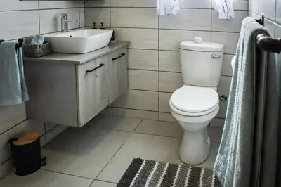 a bathroom with a white toilet and a sink at The Grey Oasis in Tzaneen