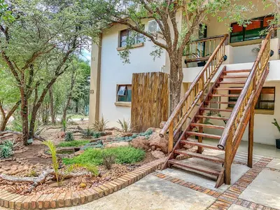 a staircase in front of a house with trees at Tshikwalo Game Lodge in Klipdrift