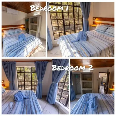 a collage of four pictures of a bedroom at Elephants Hide in Marloth Park
