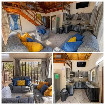 two pictures of a living room with a couch at Elephants Hide in Marloth Park
