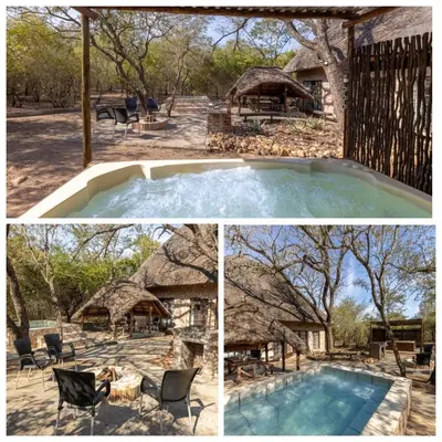 a collage of three pictures of a house and a swimming pool at Elephants Hide in Marloth Park