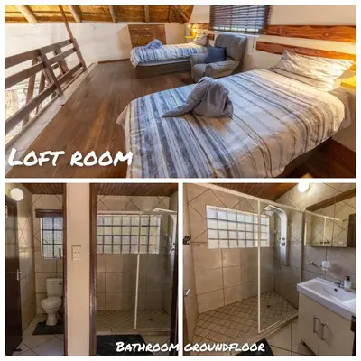 two pictures of a room with a bed and a lot room at Elephants Hide in Marloth Park