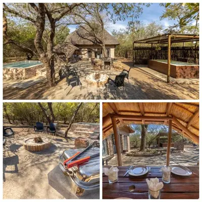 a collage of photos with a house and a tree at Elephants Hide in Marloth Park