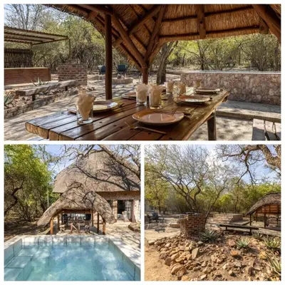a collage of photos with a table and a pavilion at Elephants Hide in Marloth Park