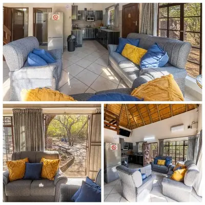 three pictures of a living room with blue and yellow pillows at Elephants Hide in Marloth Park