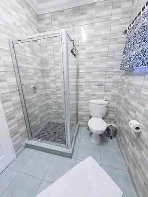 a bathroom with a shower and a toilet at Hippo's Rest in Ellisras
