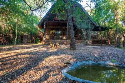 a cabin in the woods with a dog in front of it at Holidayhouse Mhofu closeby Kruger National Park, South Africa in Marloth Park
