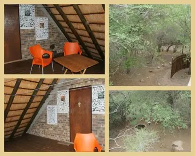 a collage of four pictures with orange chairs and a building at Holidayhouse Mhofu closeby Kruger National Park, South Africa in Marloth Park