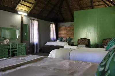 a bedroom with two beds and a green wall at Makarios Lodge in Polokwane