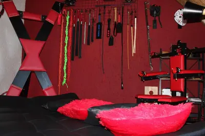 a room with a red wall with tools hanging from it at The KinkyKabin in Sandton