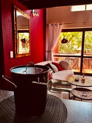 a living room with a large pot on a table at The KinkyKabin in Sandton