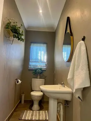 a bathroom with a toilet and a sink and a mirror at Antelope Farm Events in Pretoria