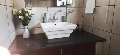 a bathroom with a sink and a vase with flowers at Chrysantimum Guest Apartment in Thabazimbi