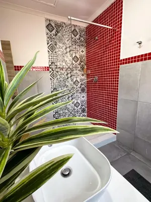 a bathroom with a white sink and a shower at Dung Beetle Bush Villa in Marloth Park